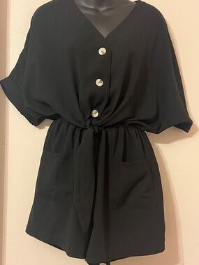 HYFVE Black V-Neck Romper with Button Detail